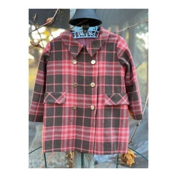 Vintage 50s 60s Youth Plaid Peacoat Formal Metal Buttons Retro
